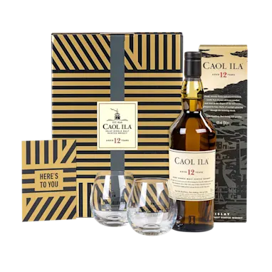 Caol Ila 12 Jahre alt Islay Single Malt Scotch Whisky 70cl in einem hochwertigen Geschenkset mit Gläsern & Grußkarte
