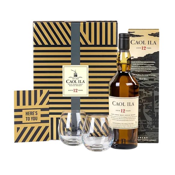 Caol Ila 12 Year Old Islay Single Malt Scotch Whisky 70cl in een hoge kwaliteit geschenkset met glazen & wenskaart