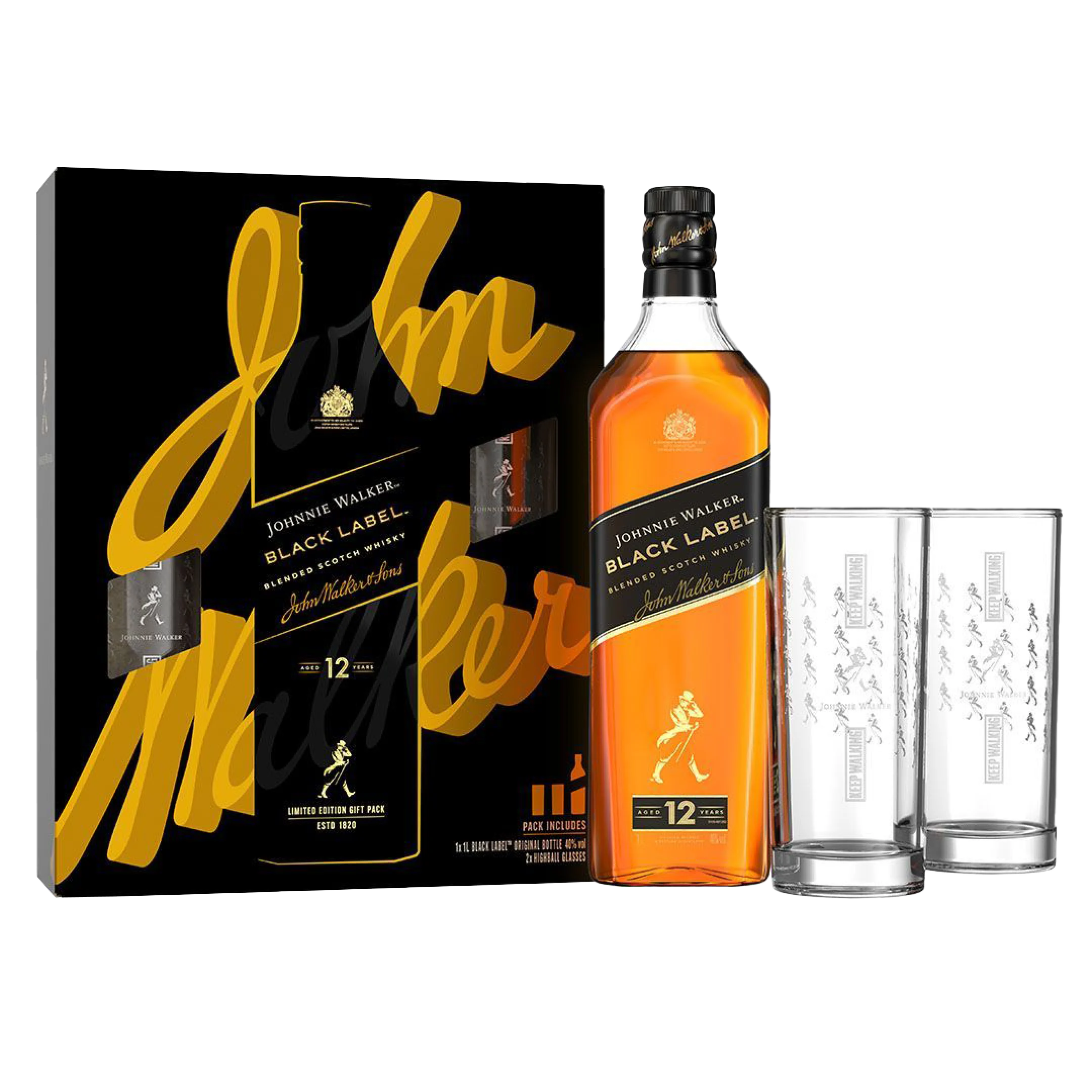 Johnnie Walker Black Label Blended Scotch Whisky 70cl Giftpack with 2 Highball Glasses