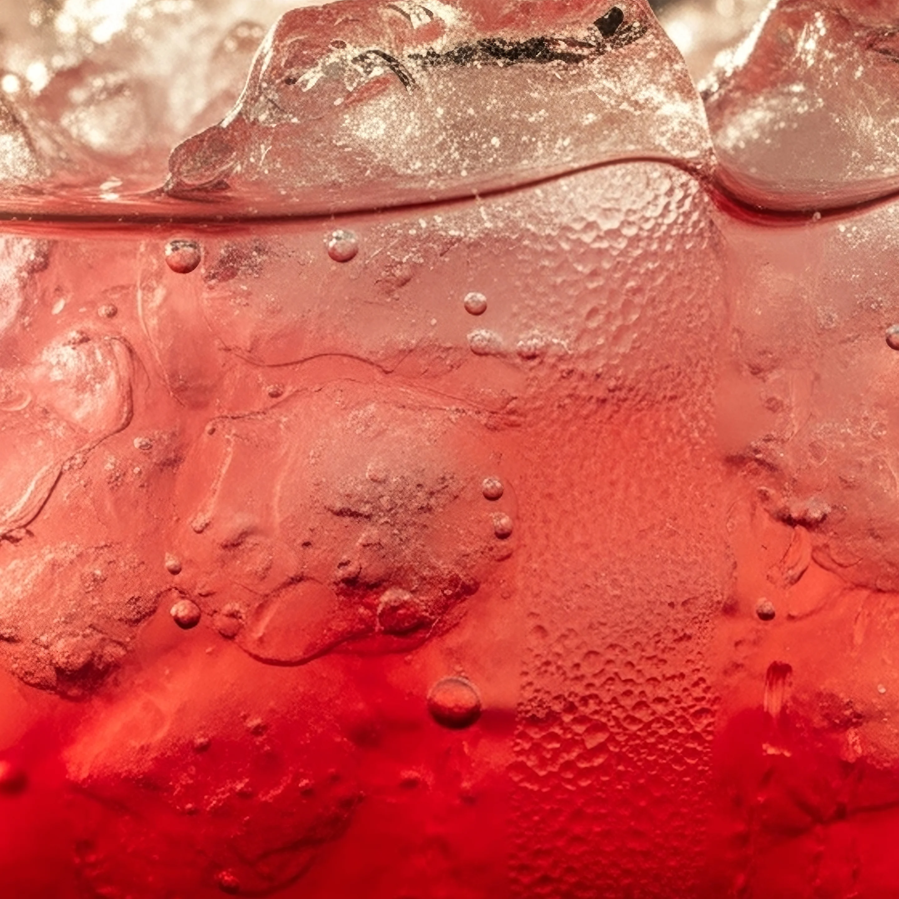 A close up of a red-purple liquid in a glass with ice and bubbles