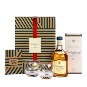 Dalwhinnie 15 Year Old Single Malt Scotch Whisky 70cl in a High Quality Gift Set With Glasses & Greeting Card