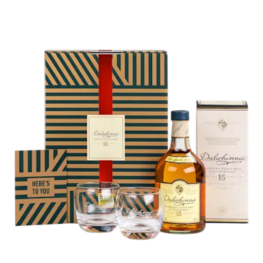 Dalwhinnie 15 Jahre Single Malt Scotch Whisky 70cl in einem hochwertigen Geschenkset mit Gläsern und Grußkarte