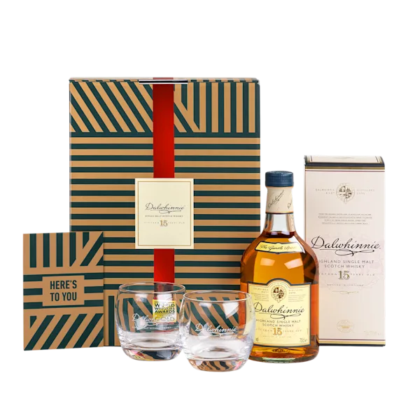 Dalwhinnie 15 Year Old Single Malt Scotch Whisky 70cl in a High Quality Gift Set With Glasses & Greeting Card