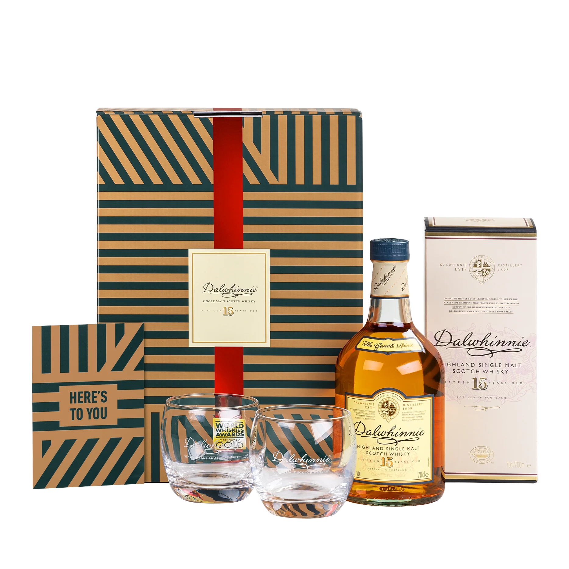 Dalwhinnie 15 Jaar Oude Single Malt Scotch whisky 70 cl in een Hoogwaardige Geschenkset met Glas & Wenskaart