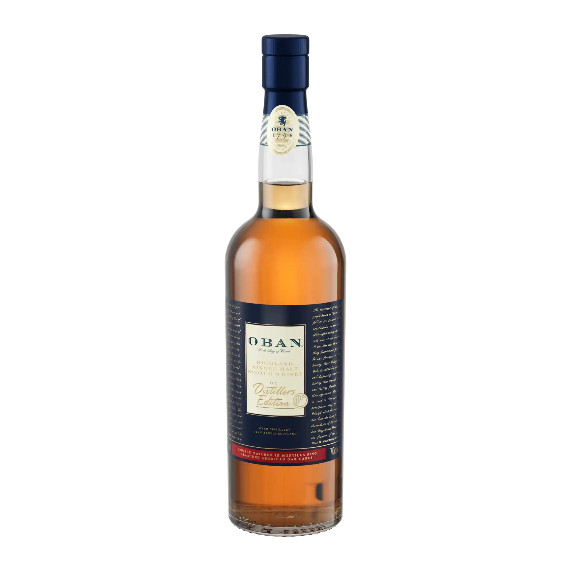 Side angle of a bottle of Oban 2022 Distillers Edition Single Malt Scotch Whisky, 70cl