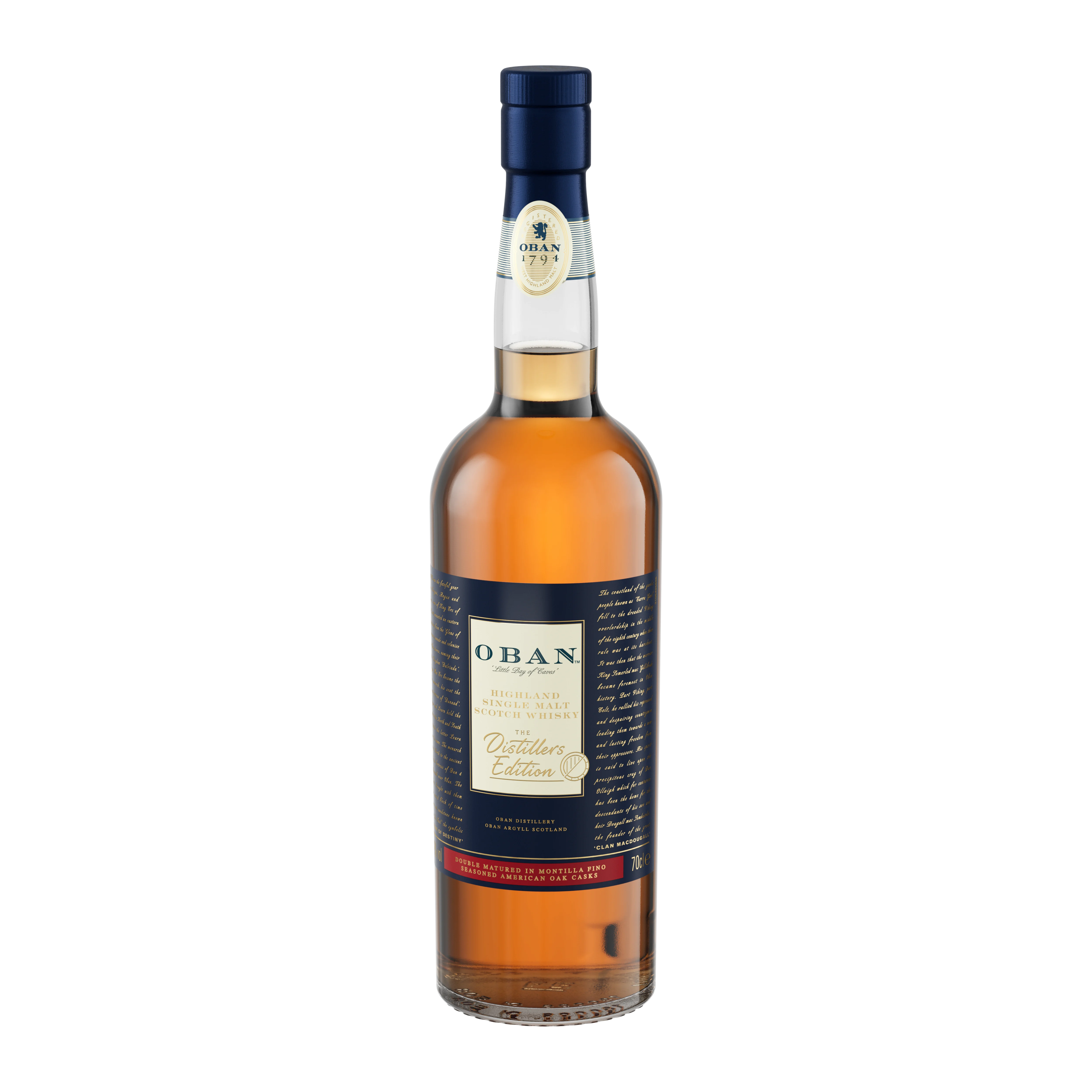 Side angle of a bottle of Oban 2022 Distillers Edition Single Malt Scotch Whisky, 70cl