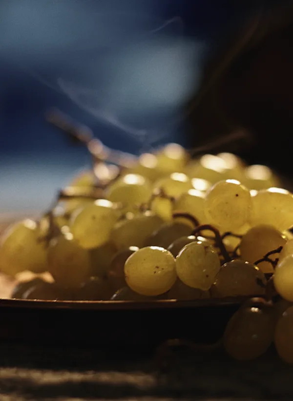 Fresh grapes on a copper tray evoking fruity whisky notes