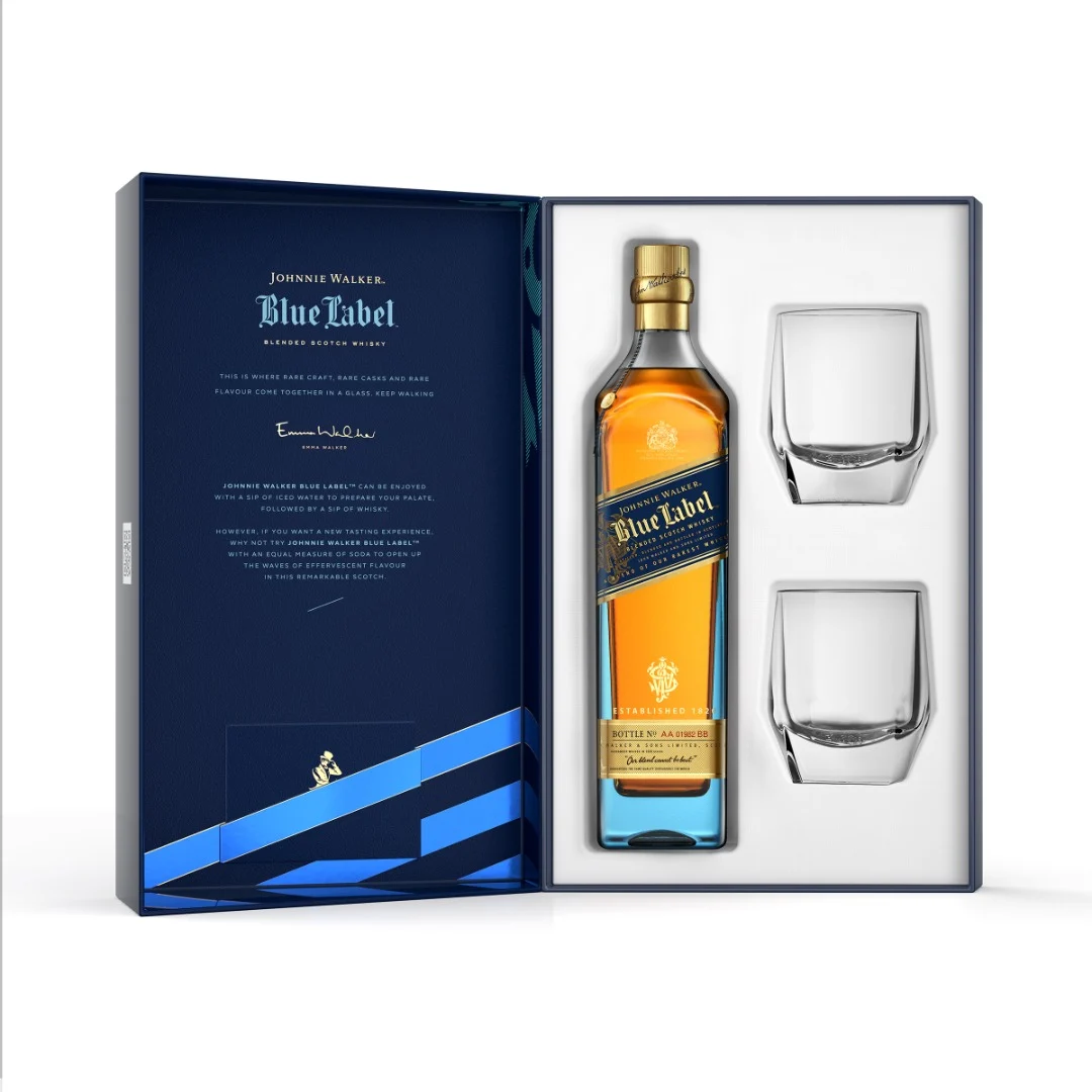 Johnnie Walker Blue Label Blended Scotch Whisky with 2 times Crystal Glass