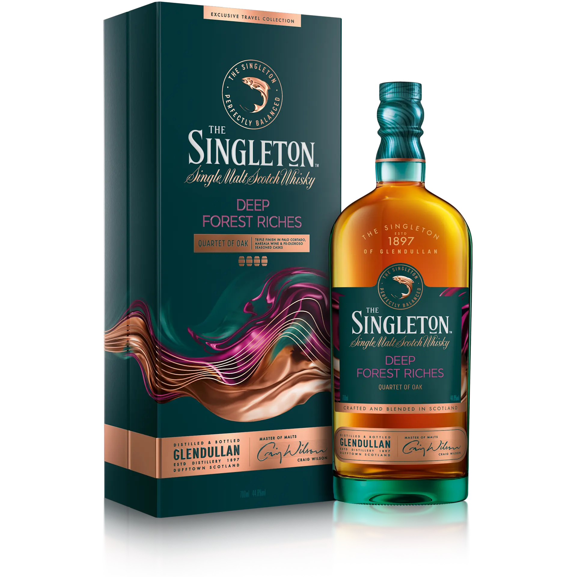 De voorkant van een fles The Singleton Gardens of Abundance Collection - Deep Forest Riches single malt Scotch whisky