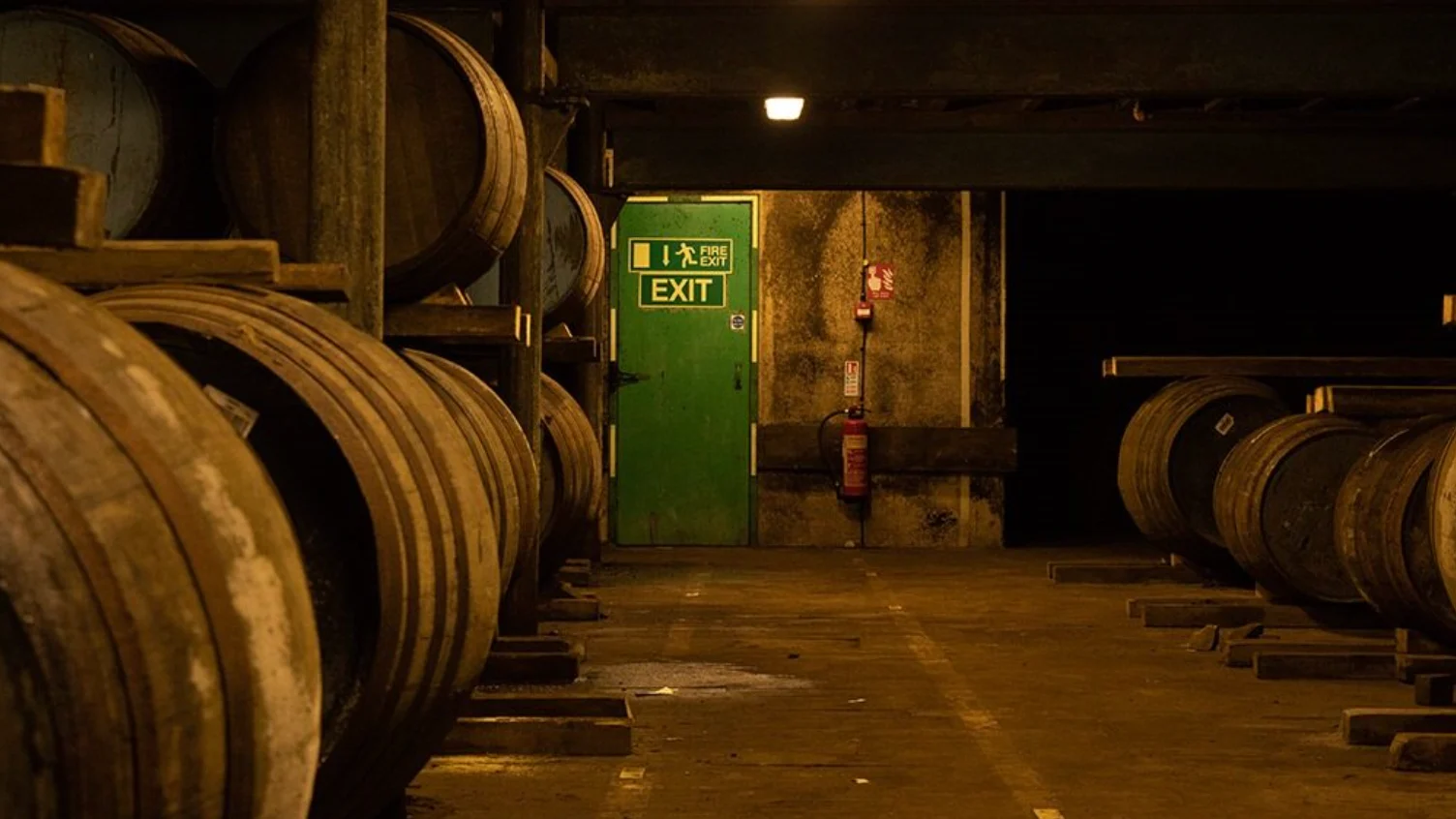 Ein dunkler Raum voller Fässer mit einer Lampe über einer grünen Ausgangstür.