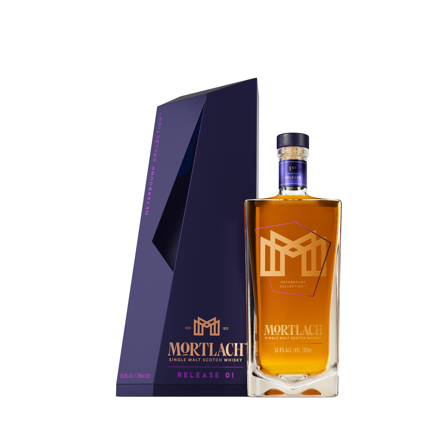 Mortlach Neverbound Collection Release 01 Whisky bottle to the right of the packaging.