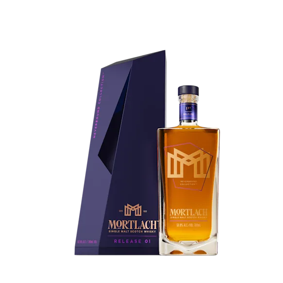 Mortlach Neverbound Collection Release 01 Whisky bottle to the right of the packaging.