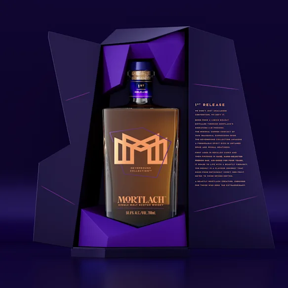 Detail of the Mortlach Neverbound Collection Release 01 opened packaging box, showing bottle inside.