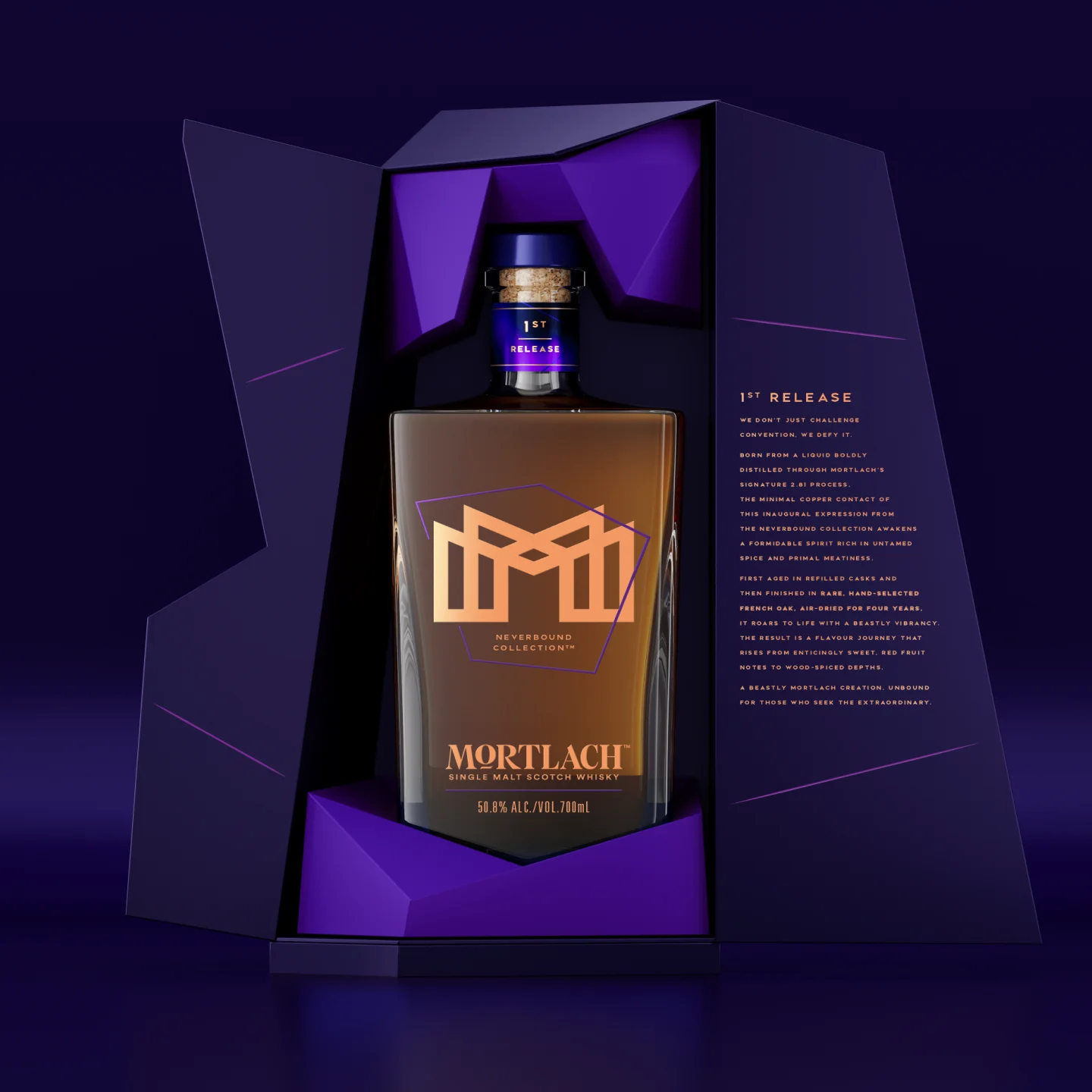 Detail of the Mortlach Neverbound Collection Release 01 opened packaging box, showing bottle inside.
