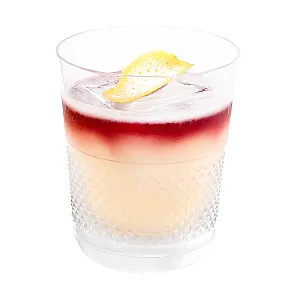 A New York Sour cocktail with a lemon peel garnish
