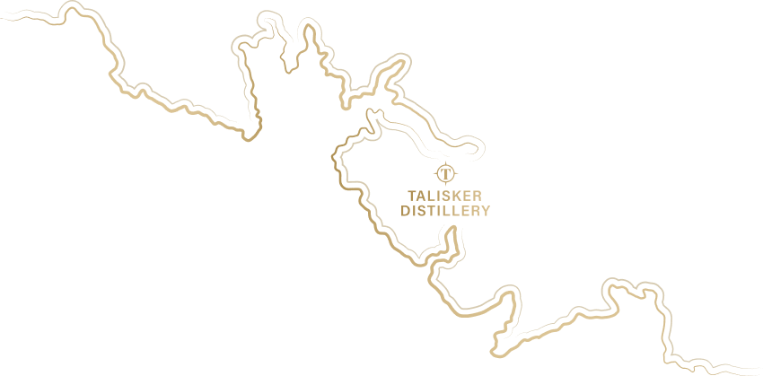 A simple line drawing of a coastline, with a ‘T’ symbol indicating where Talisker distillery is located.