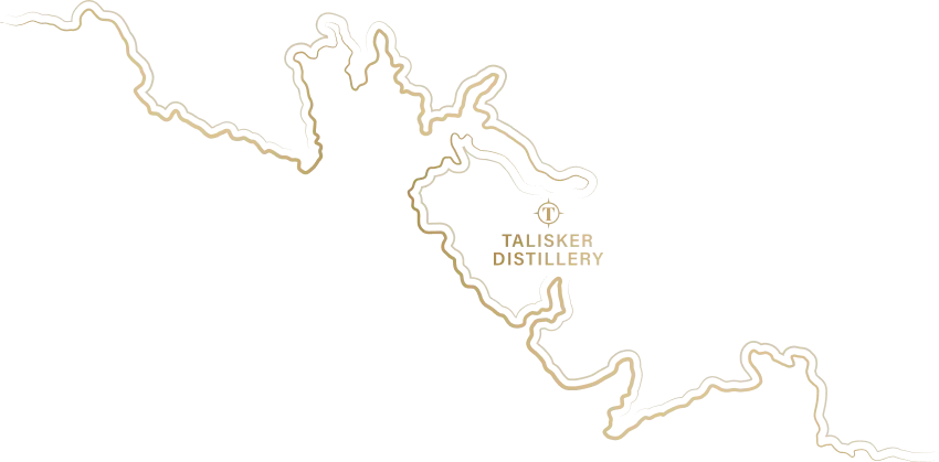 A simple line drawing of a coastline, with a ‘T’ symbol indicating where Talisker distillery is located.