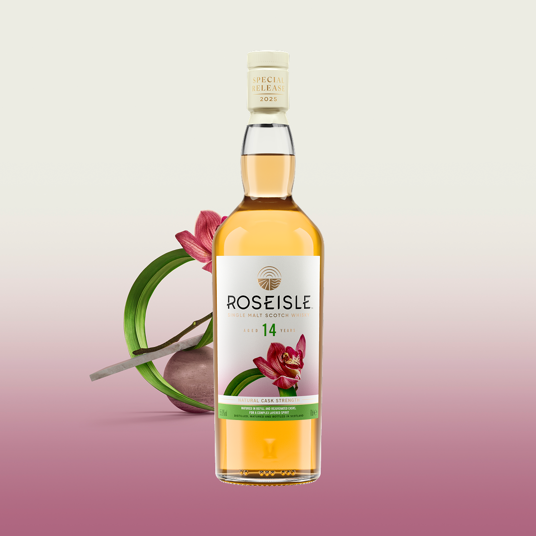 Roseisle Harmonic Grace 14 Year Old Scotch Whisky bottle with orchid flower background
