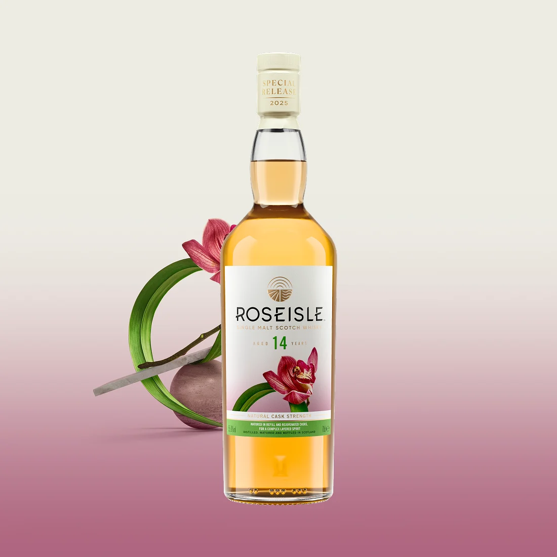 Roseisle Harmonic Grace 14 Year Old Scotch Whisky bottle with orchid flower background