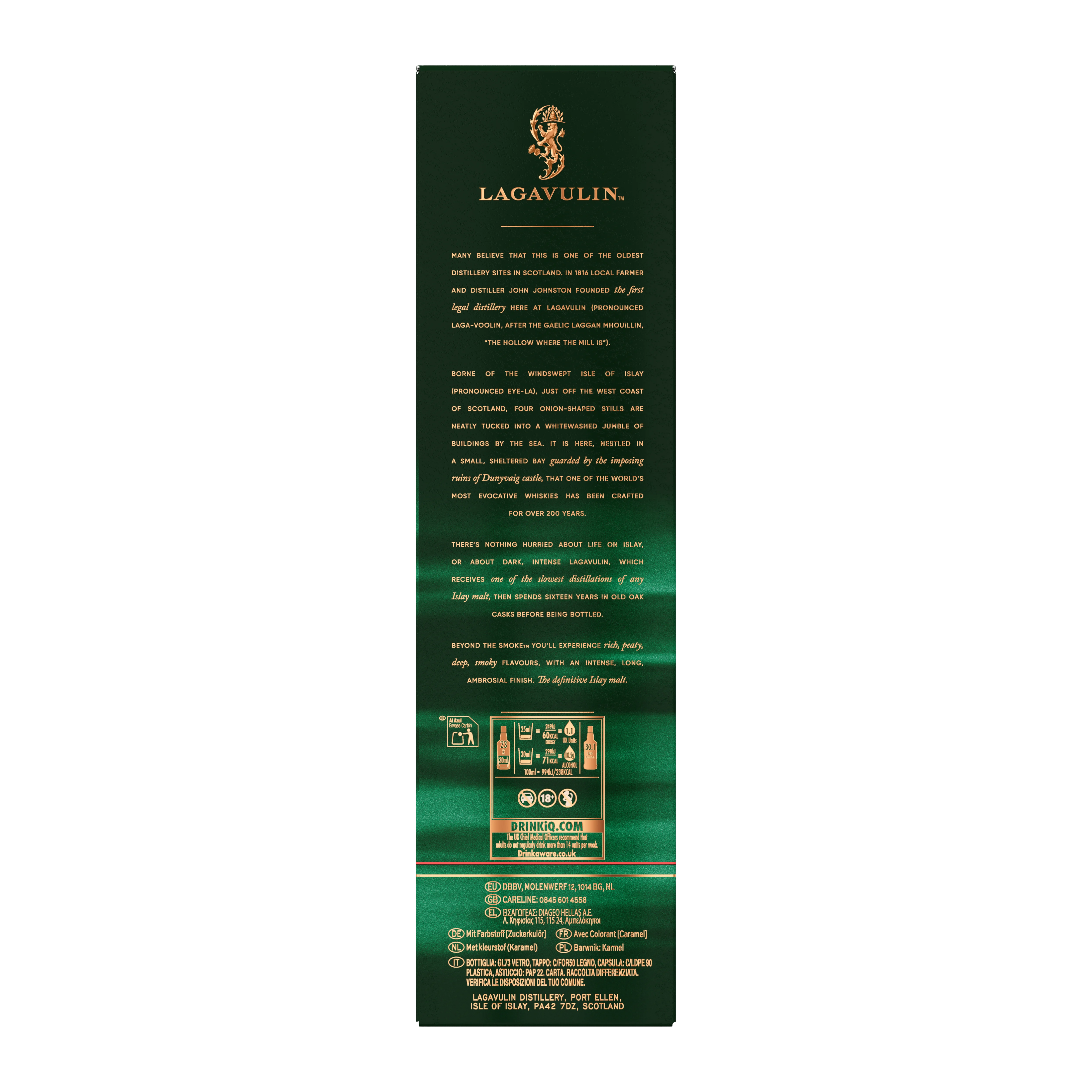 Back of Lagavulin 16 year old Malt Whisky Carton