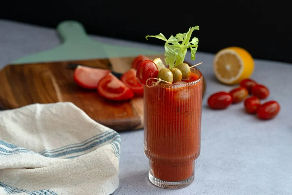 A Bloody Mary cocktail on a kitchen counter