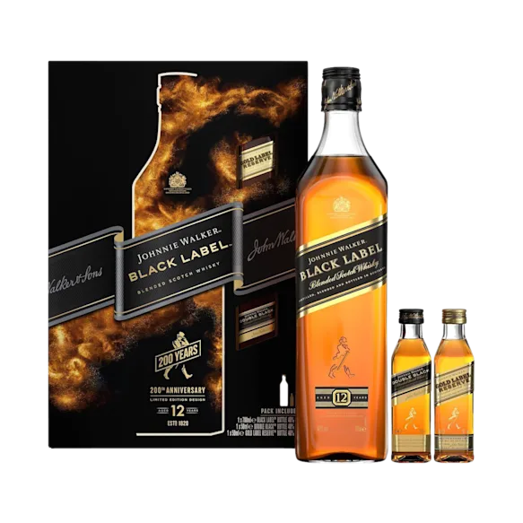 Johnnie Walker Black Label Blended Scotch Whisky Gift Pack, 70cl & 2x5cl