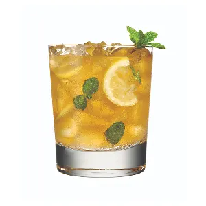 A deep yellow cocktail in a rocks glass with ice, lemon slices and mint.