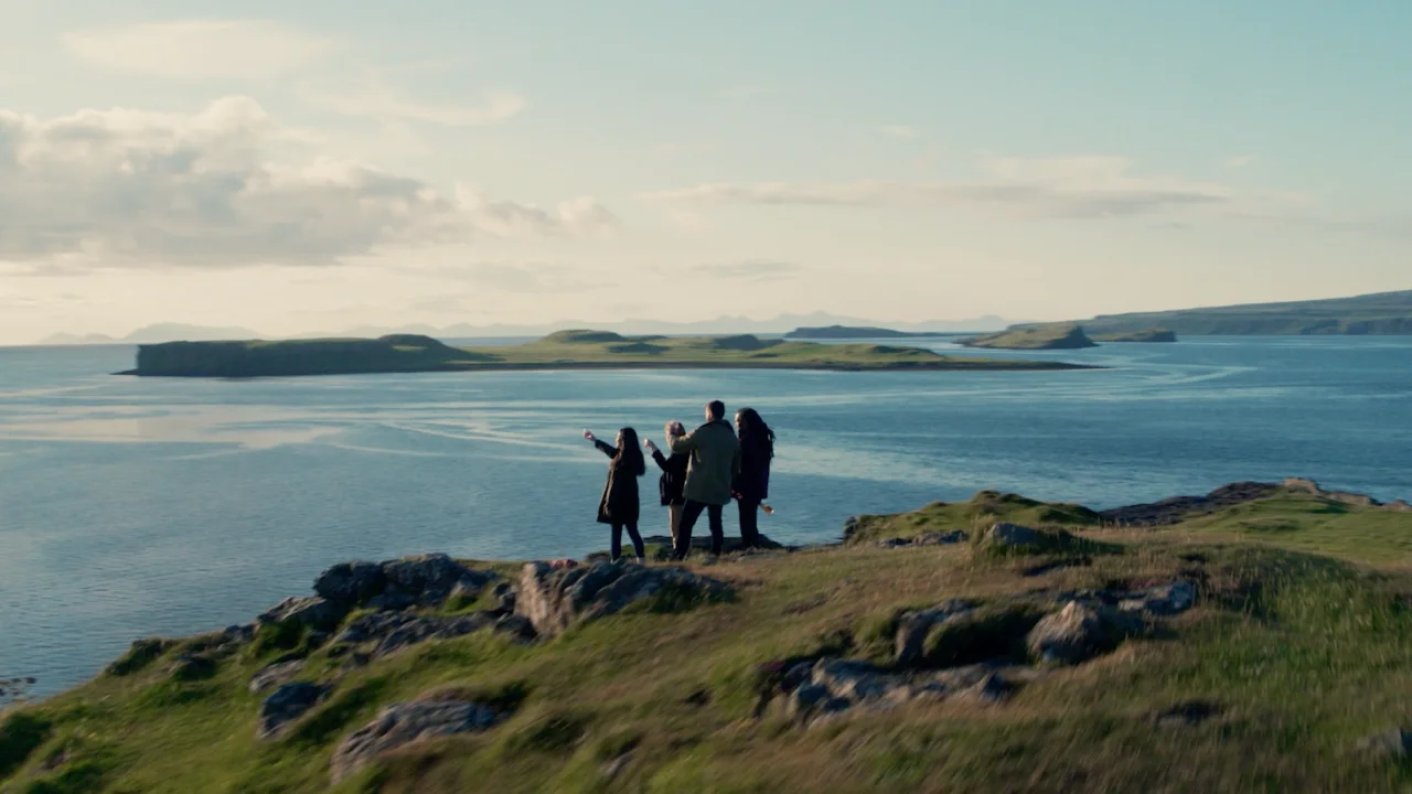 Four people stand at the edge of a cliff face, looking out across the sea in front and to the horizon beyond. The cliff is covered with rocks, and long grasses which are blowing in the wind.