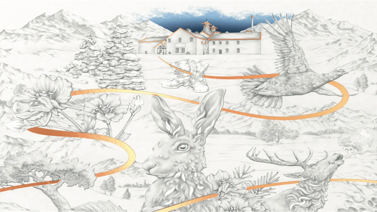 Dalwhinnie 17 Jaar – 125ste Jubileumeditie met geschenkdoos tegen een geïllustreerd Highland-decor met oranje lintdetail.