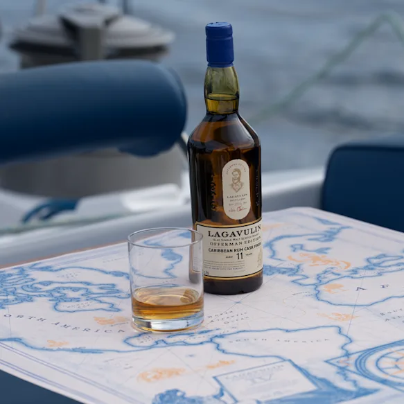 Lagavulin Offerman 2024 Caribbean Cask Finish Bottle with Whisky Neat Serve