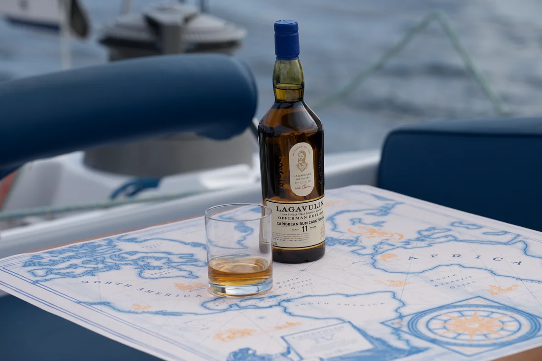 Lagavulin Offerman 2024 Caribbean Cask Finish Bottle with Whisky Neat Serve