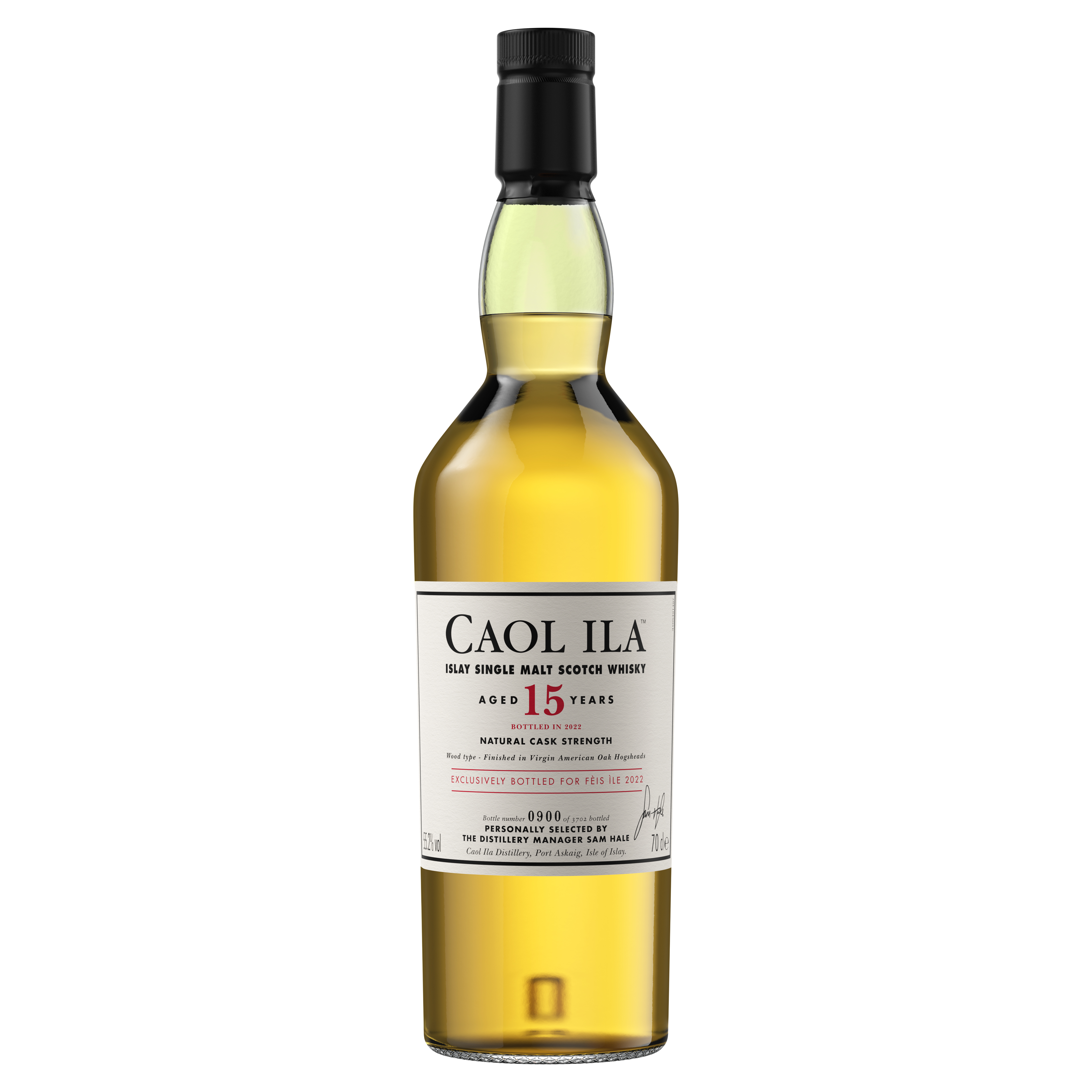 Fles Caol Ila 15 jaar oude Islay Single Malt Scotch Whisky, Feis Ile 2022 editie, op vatsterkte, licht amber van kleur.