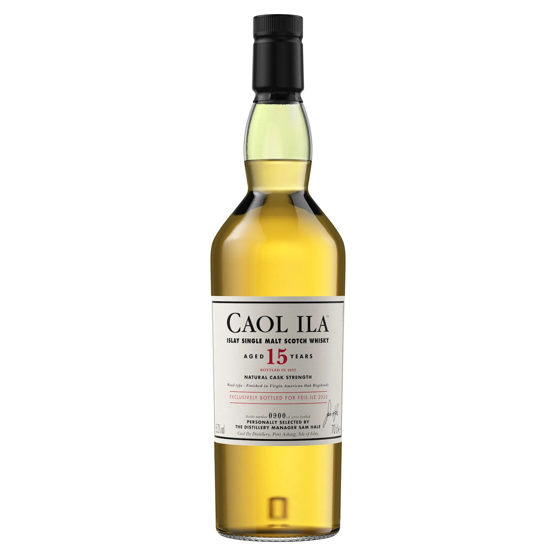 Bottle of Caol Ila 15 Year Old Islay Single Malt Scotch Whisky, Feis Ile 2022 edition, natural cask strength, light amber colour.