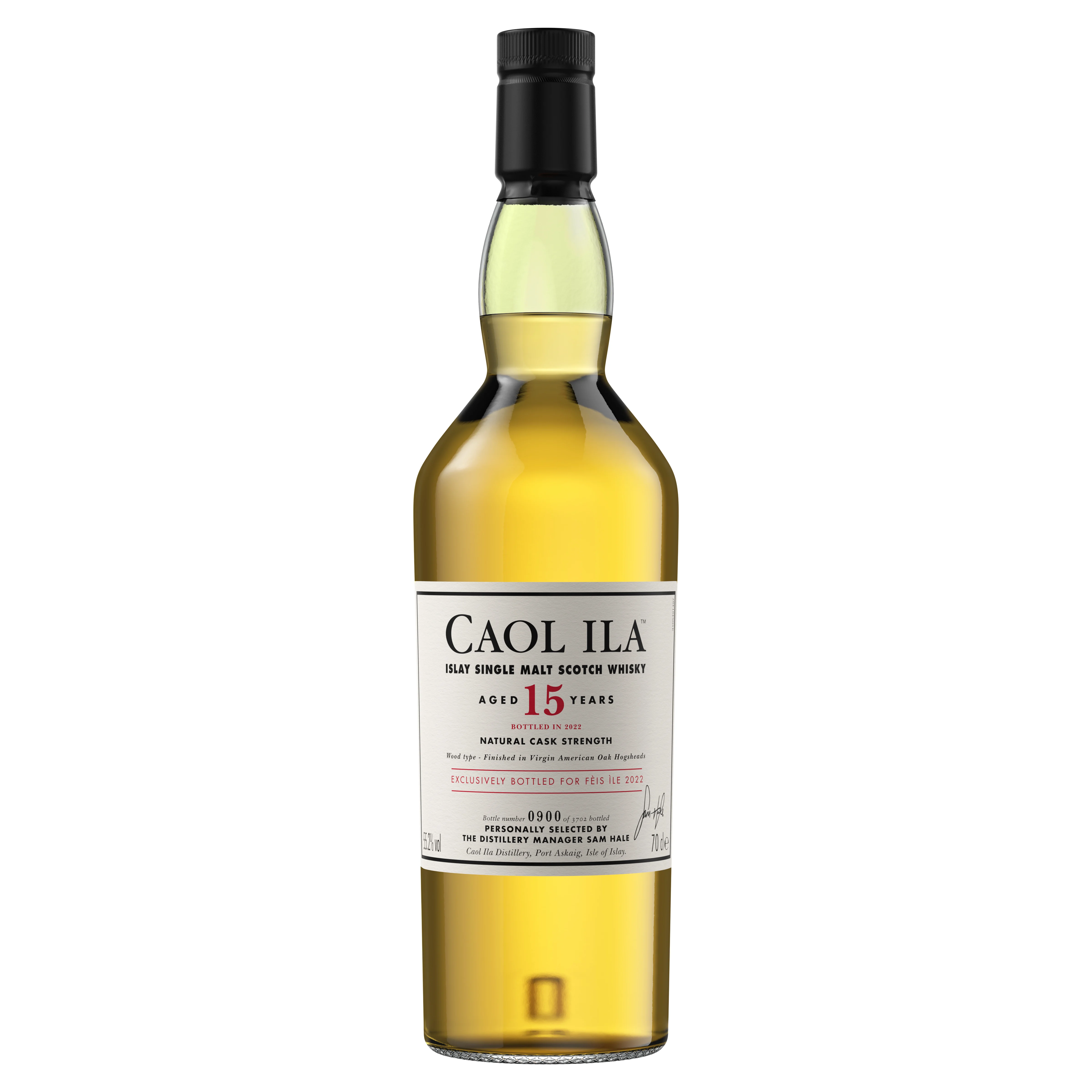 Fles Caol Ila 15 jaar oude Islay Single Malt Scotch Whisky, Feis Ile 2022 editie, op vatsterkte, licht amber van kleur.