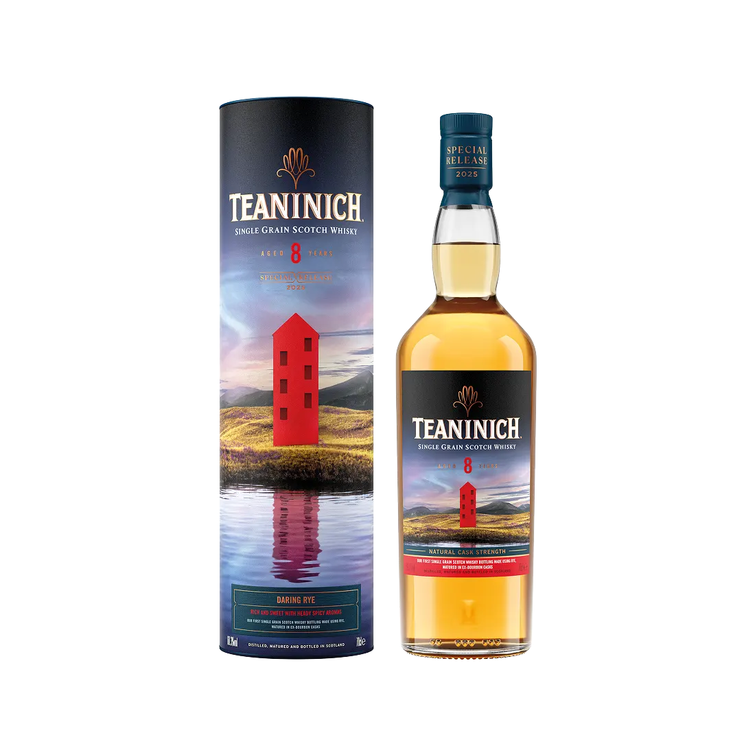 Teaninich Single Grain Scotch Whisky Daring Rye 8 Year Old bottle and tube Special Release 2025