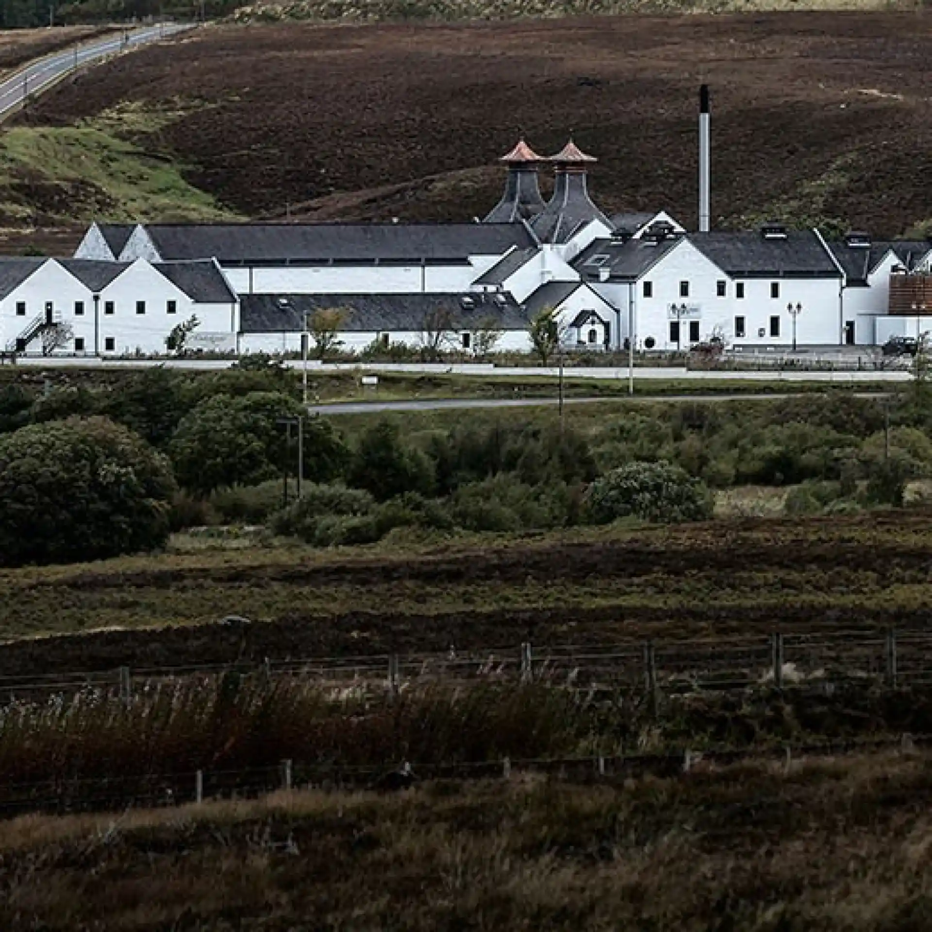 The white buildings of Dalwhinnie distillery are seen from a distance. In front of the buildings are dark green fields and trees. Behind the distillery are brown and green hills.