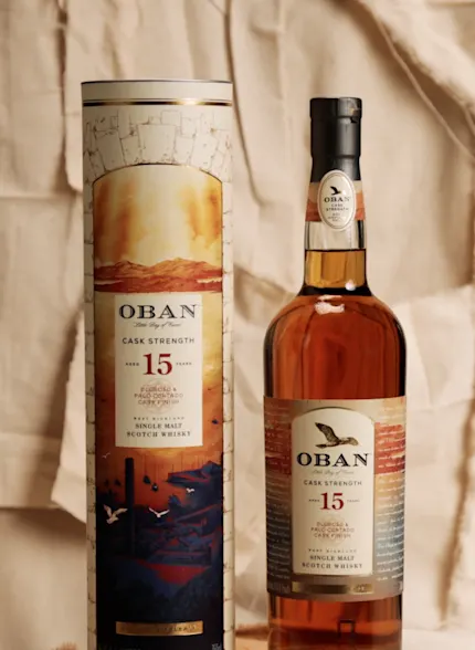 Oban 15 bottle and canister on paper