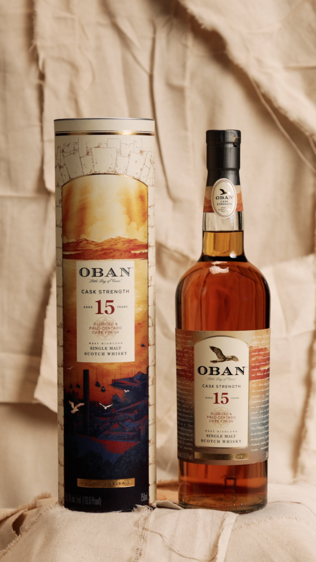 Oban 15 bottle and canister on paper