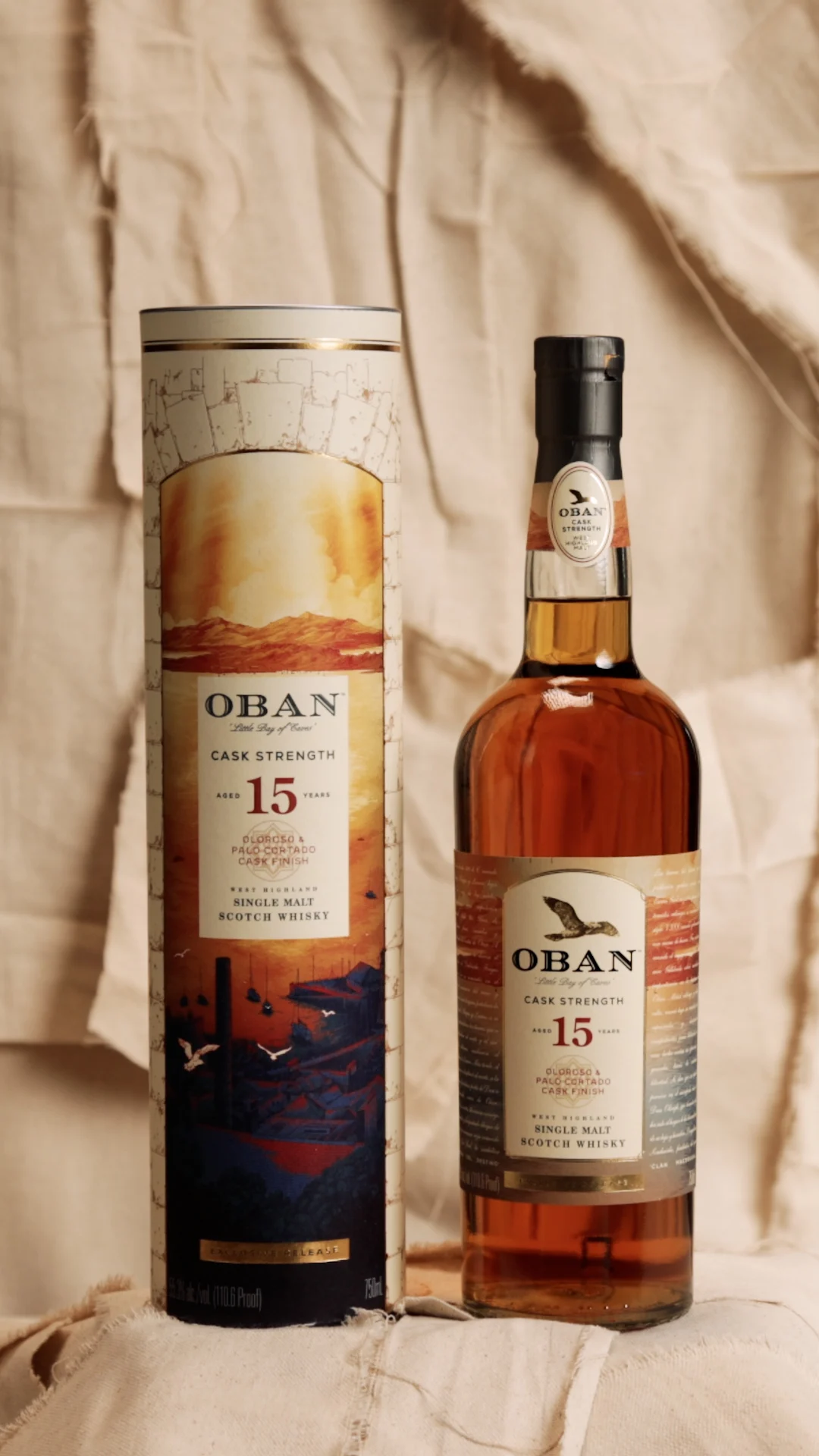 Oban 15 bottle and canister on paper