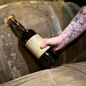 A traditional ship with 3 masts and no sails sits on a body of water. Behind it, there are two mountains while the rest of the ground is higher than the water. The water is calm and the sky is light blue.