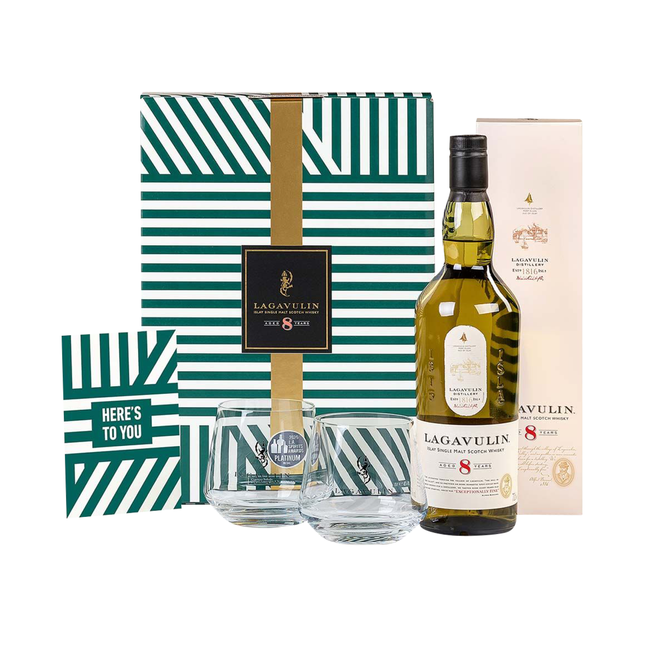 Lagavulin 8 Year Old Islay Single Malt Scotch Whisky 70cl in a High Quality Gift Set With Glasses & Greeting Card