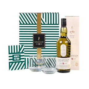 Lagavulin 8 Year Old Islay Single Malt Scotch Whisky 70cl in a High Quality Gift Set With Glasses & Greeting Card