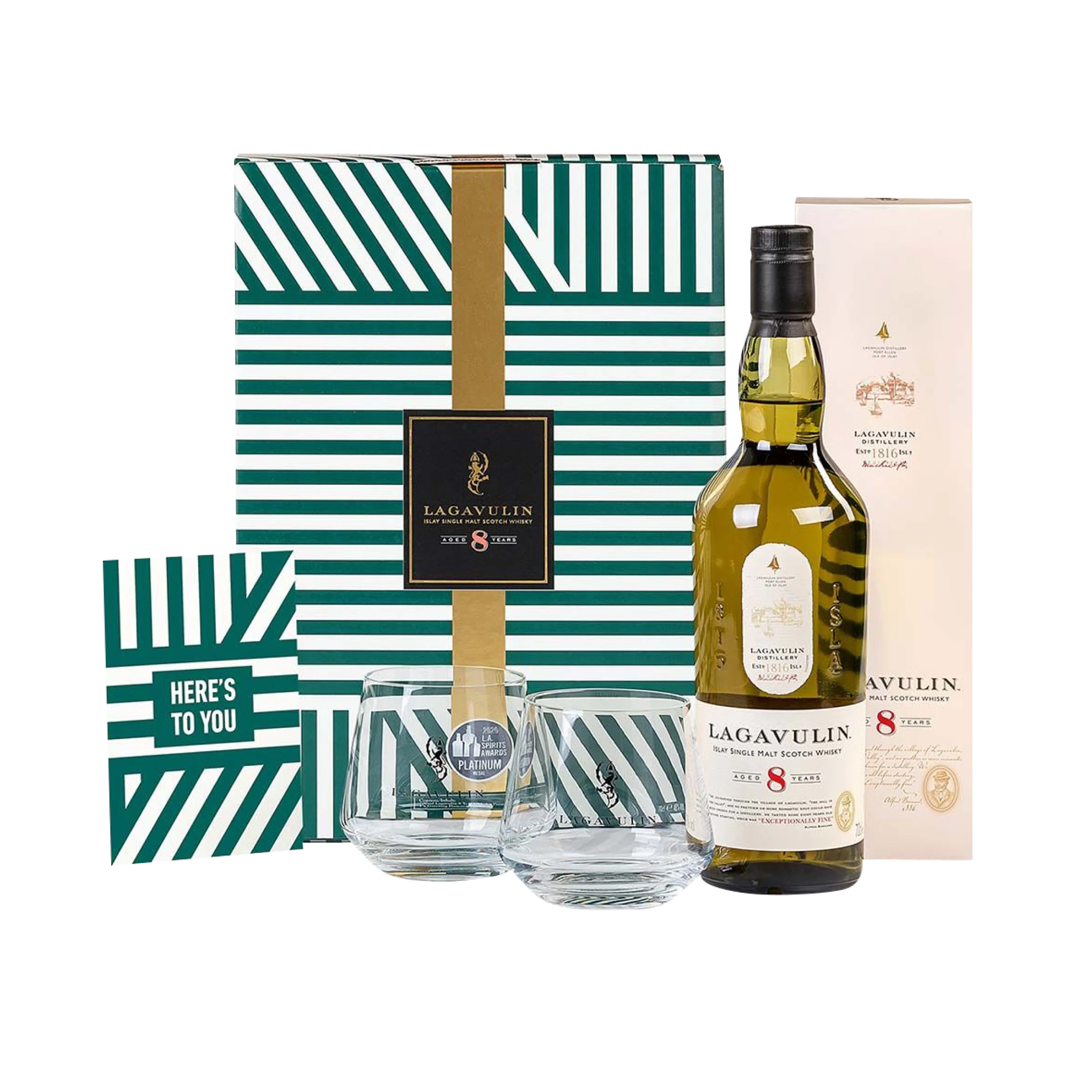 Lagavulin 8 Year Old Islay Single Malt Scotch Whisky 70cl in een hoge kwaliteit geschenkset met glazen & wenskaart