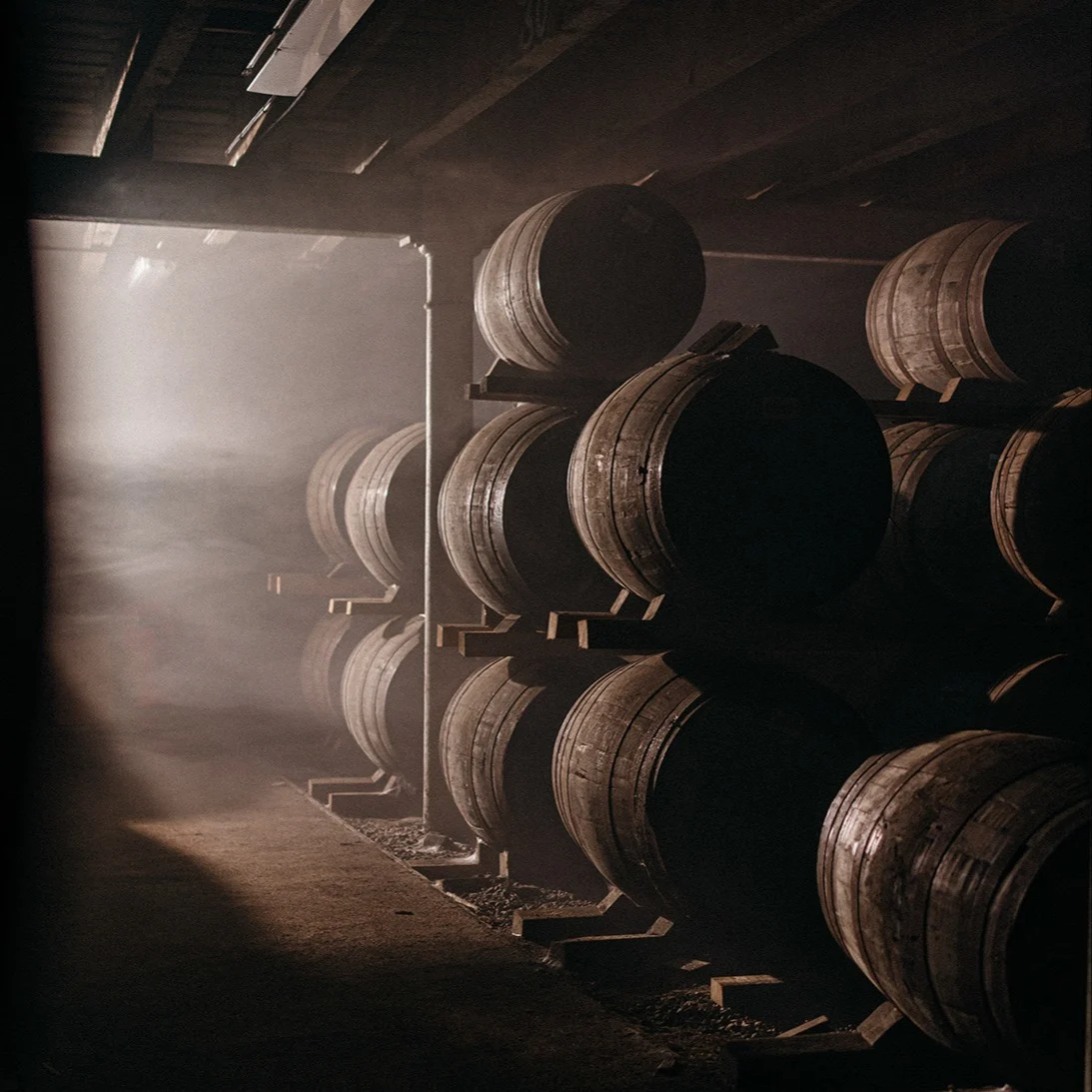 Shafts of light on barrels in the Cardhu distillery.
