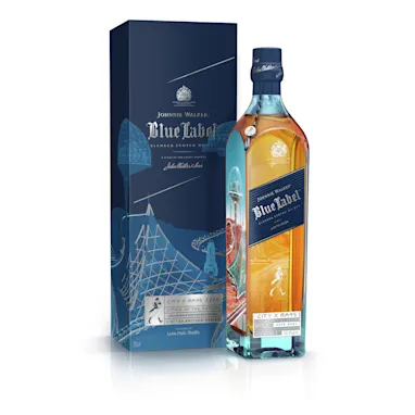 A bottle of Johnnie Walker Blue Label with a futuristic City X Mars design.