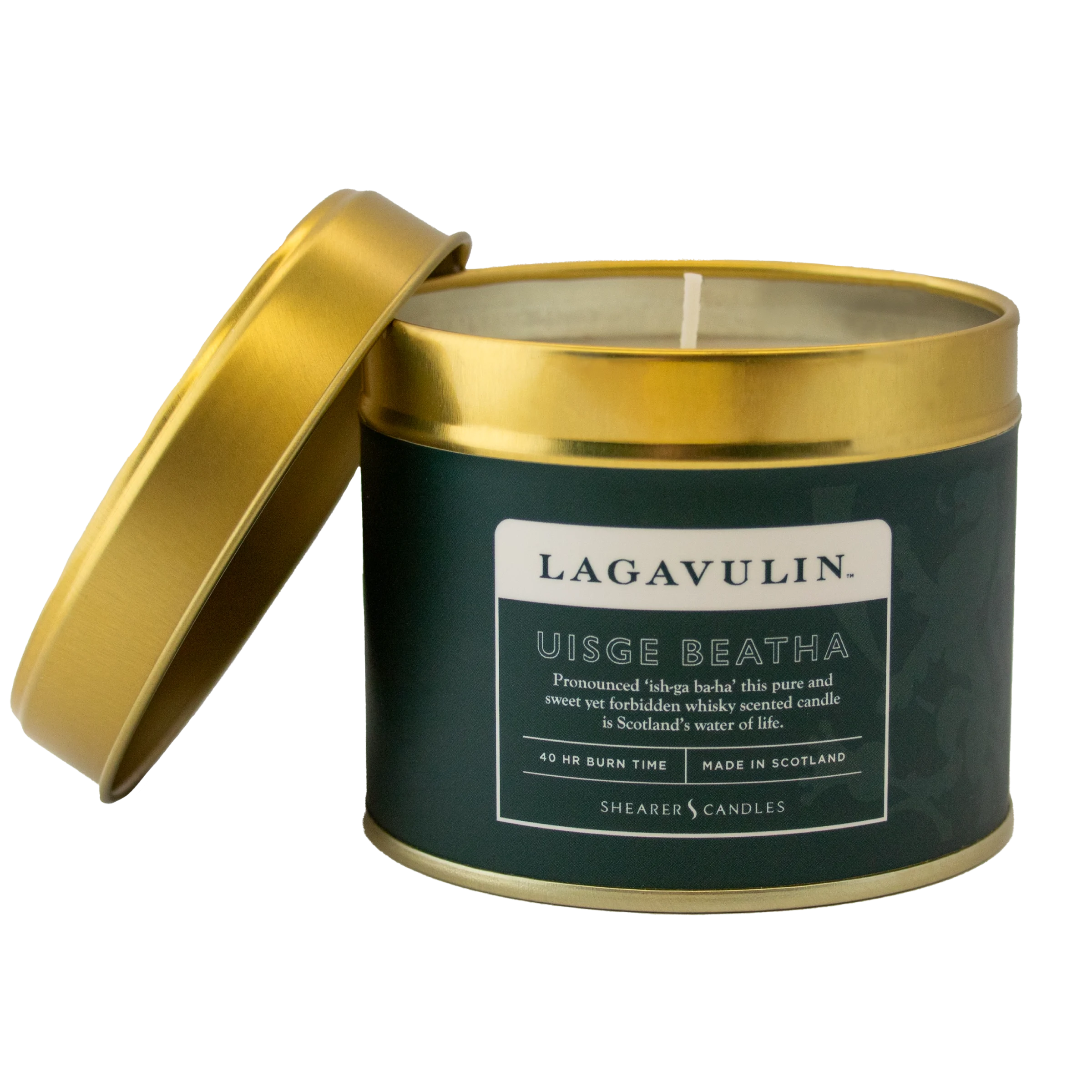 Lagavulin-branded tin candle.