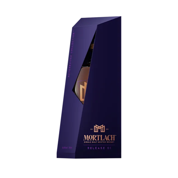 Detail of the Mortlach Neverbound Collection Release 01 packaging box, showing embossed gold accents and collection logo.