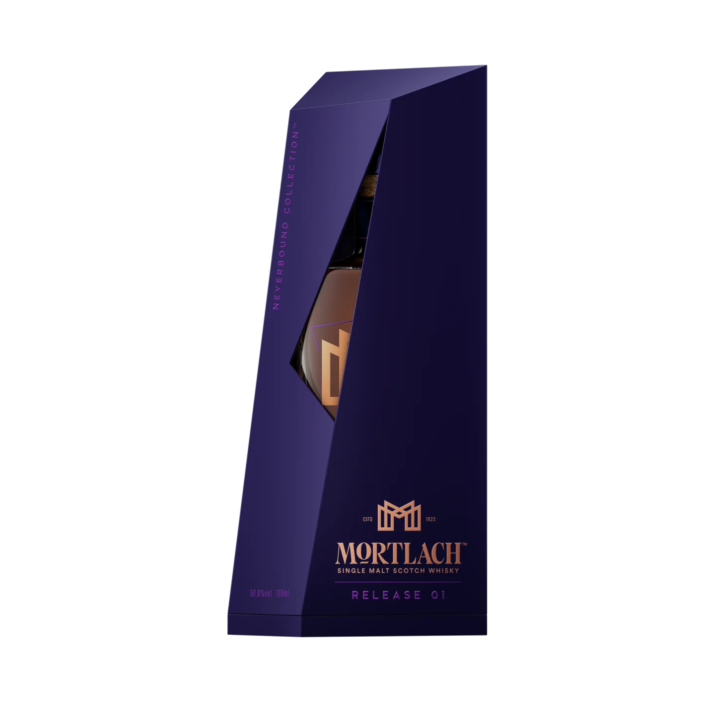 Mortlach Neverbound Collection Release 01 包装盒的细节，显示压花金饰和系列标志。