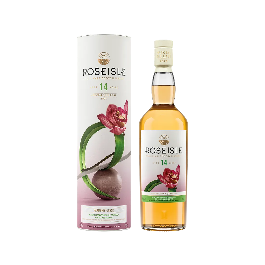 Roseisle Harmonic Grace 14 Year Old Scotch Whisky bottle and tube Special Release 2025