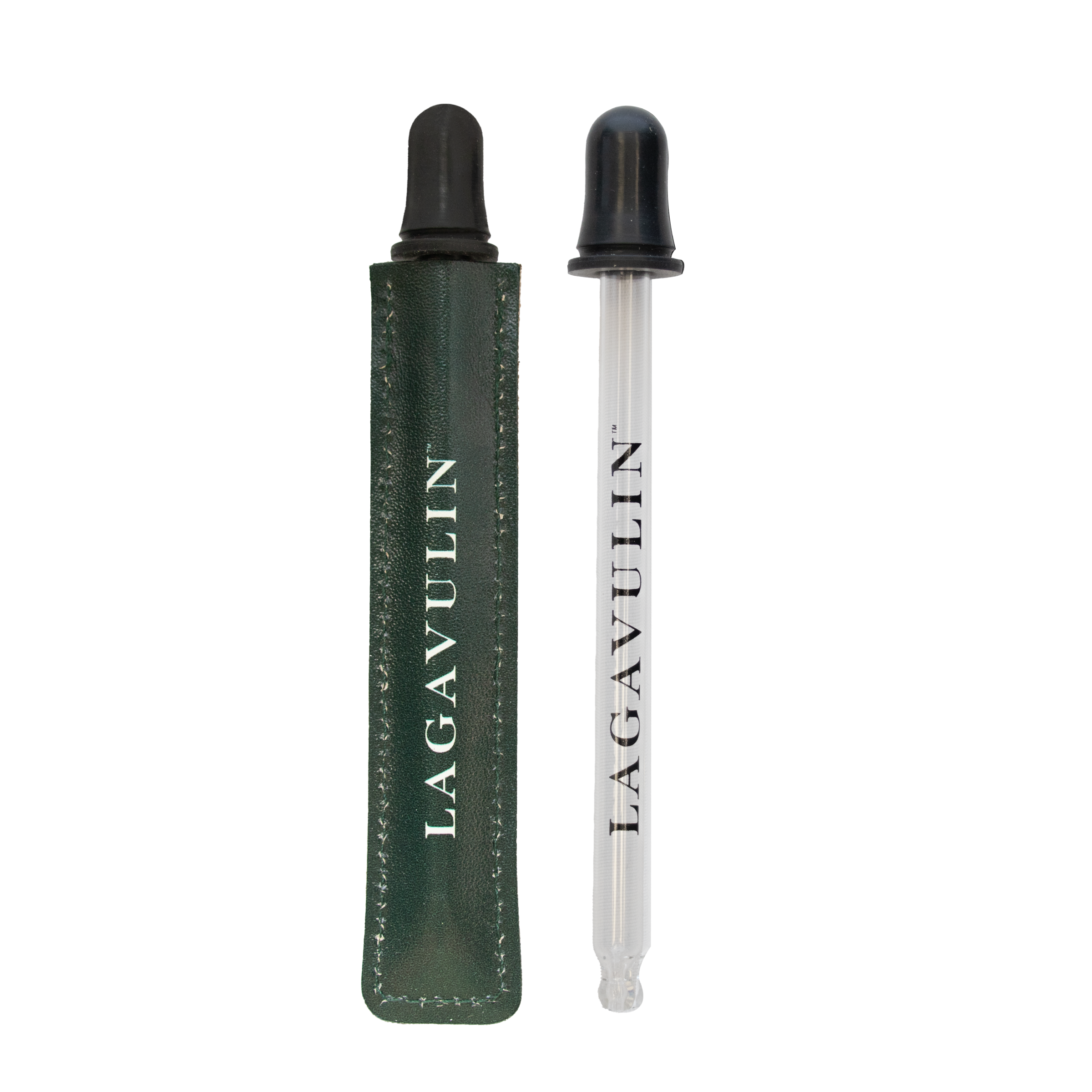 Lagavulin water dropper with green branded sleeve.